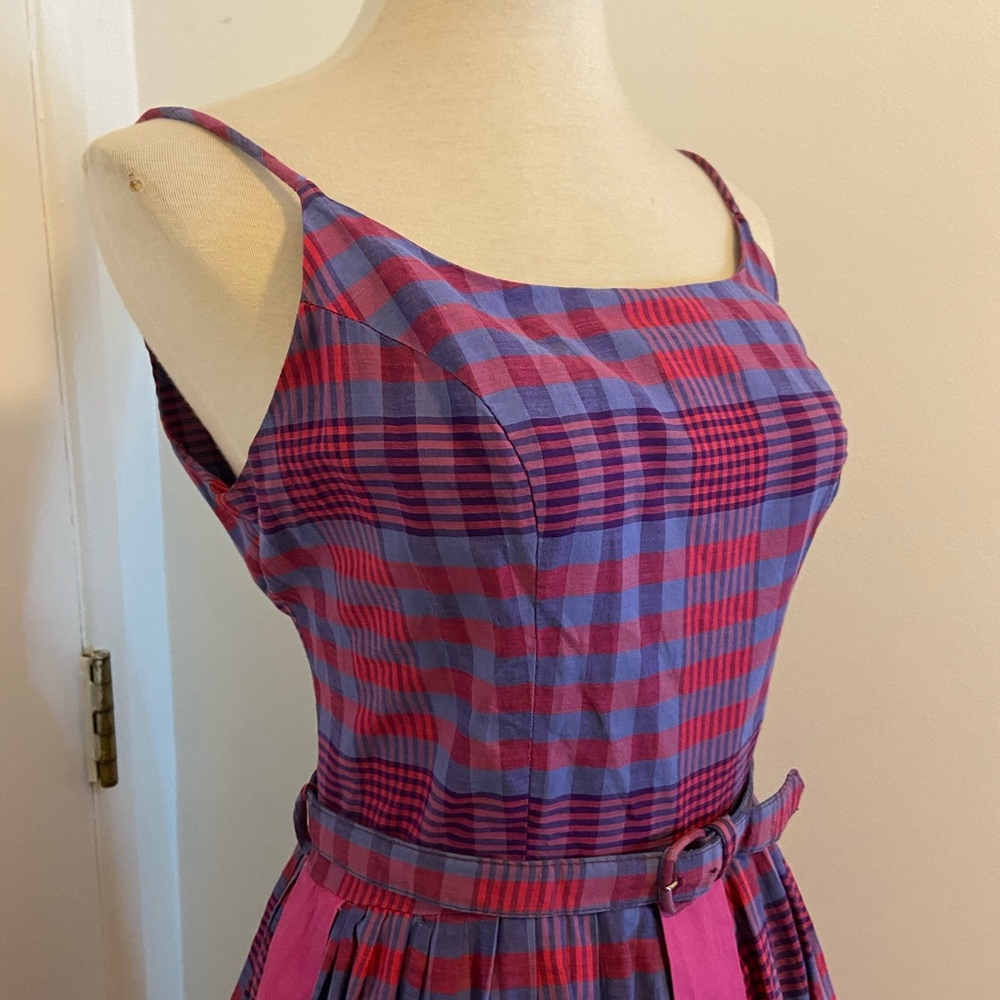 Vtg 50s Purple Pink Plaid Day Dress Med